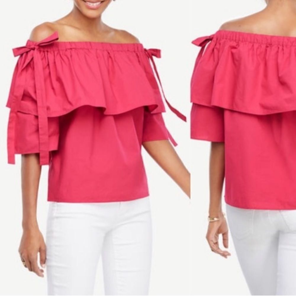 Ann Taylor Off Shoulder Pink Bow Top in Size Small